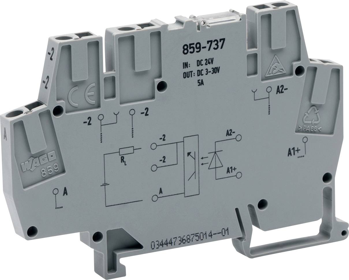Ein grauweißes Relais mit elektrischen Schaltzeichen und Spezifikationen. WAGO 859 Modell, Eingang: DC 24V, Ausgang: DC 3-30V, 5A.