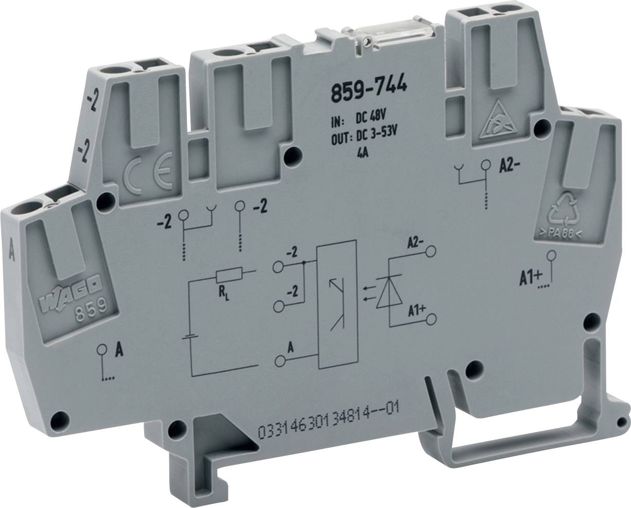 Ein graues DIN-Hutschienenklemme mit Schaltplan, gekennzeichnet als WAGO 859-744, mit Nennwerten IN: DC 48V, OUT: DC 3-35V, 4A.