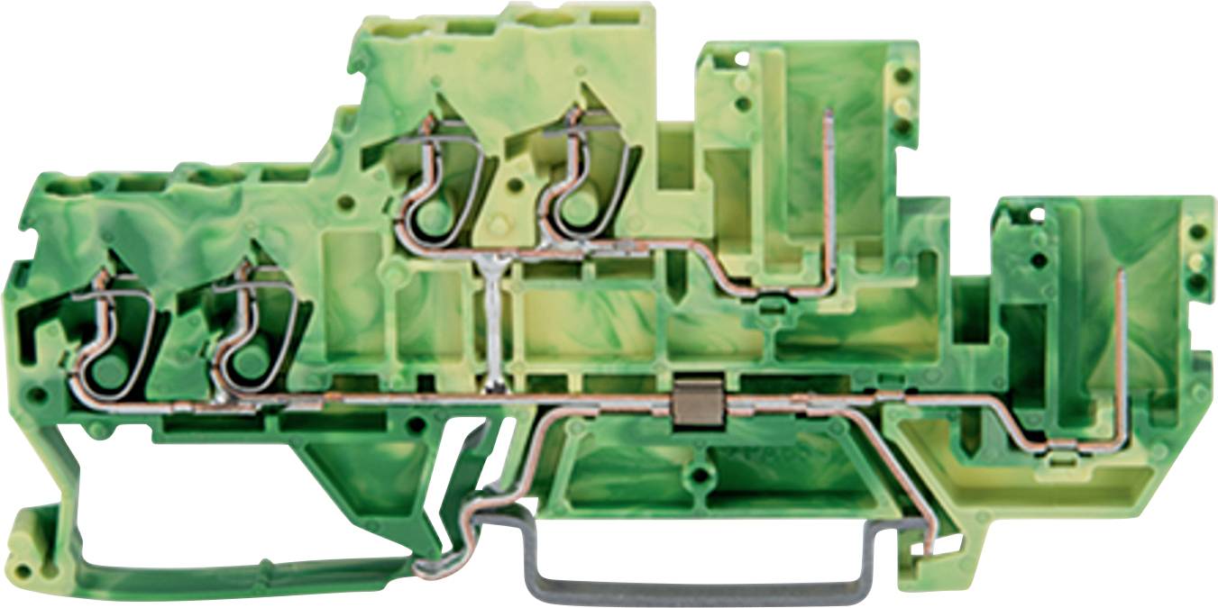 Ein grünes Elektroklemmenblock mit Kupferverdrahtung wird gezeigt. Der Block hat ein komplexes, geformtes Design und wird zur Organisa tion von elektrischen Anschlüssen verwendet.
