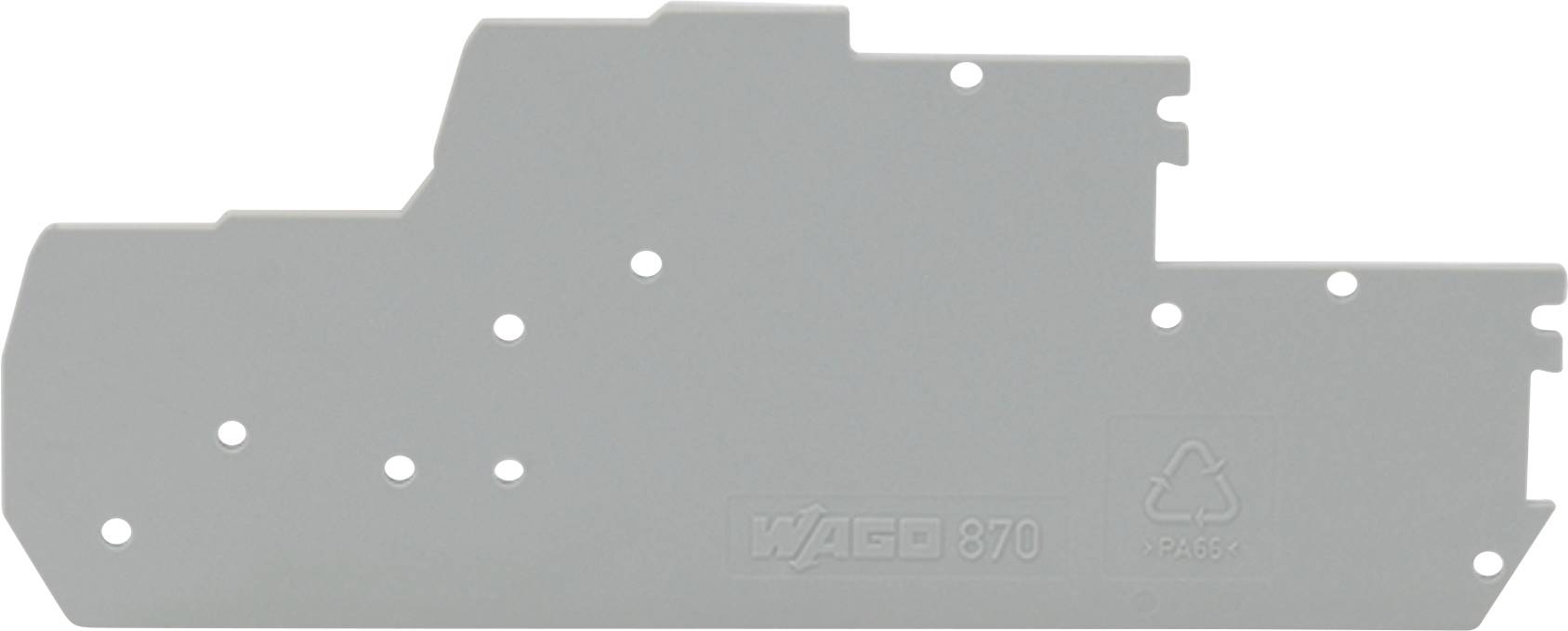 Ein graues Kunststoffpanel mit mehreren Löchern und der Aufschrift „WAGO 870