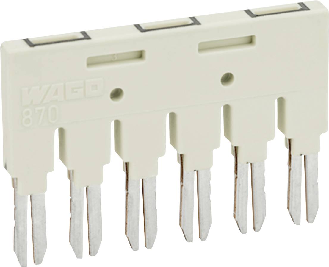 Eine cremefarbene elektrische Komponente mit sechs metallischen Stiften und der Marke 'WAGO 870' auf ihrer Oberfläche eingraviert.