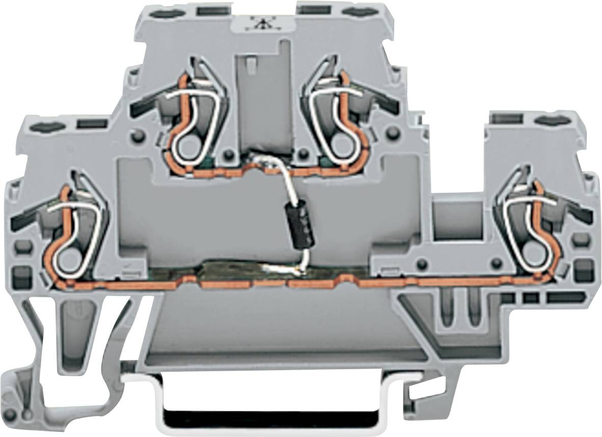 Ein graues Elektroklemmenblock mit sichtbaren Metallverbindern und Verdrahtung, das zum Verbinden und Sichern von Stromkreisen verwendet wird.