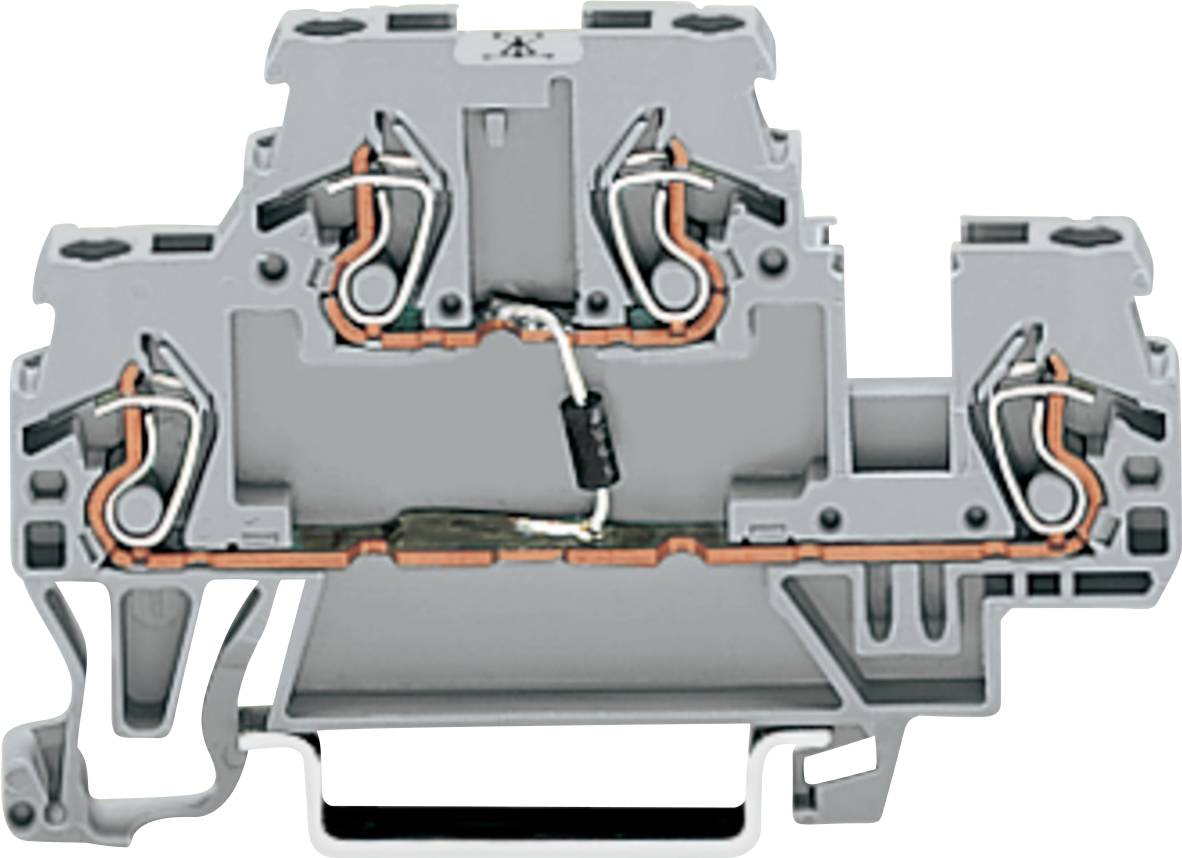 Ein grauer elektrischer Anschlussblock mit einem zentralen Widerstand und Kupferleitern, der zum Verbinden von elektrischen Schaltkreisen verwendet wird.