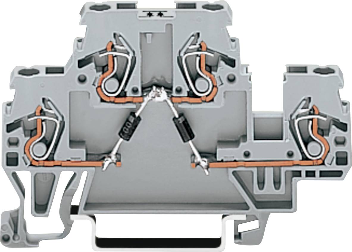 Ein grauer Elektroklemmblock mit Schraubklemmen, mit orange und schwarzen Verdrahtungsverbindungen, verwendet für Schutzvorrichtungen oder Leitfähigkeit.