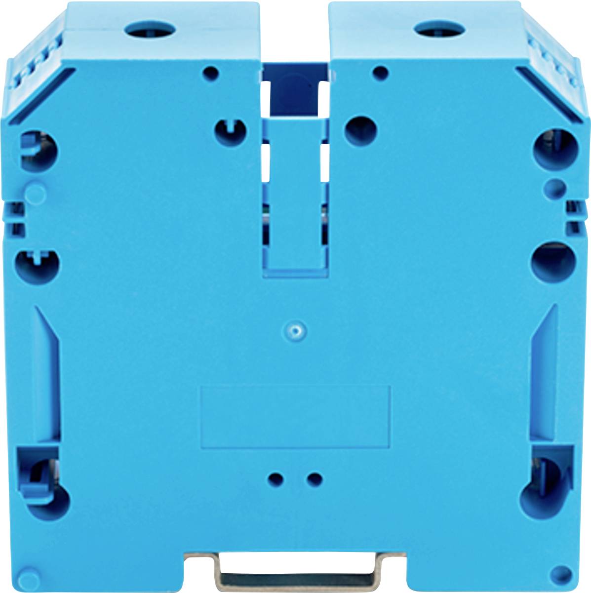 Eine blaue elektrische Komponente, möglicherweise ein Leitungsschutzschalter oder Modul, mit mehreren Löchern und Schlitzen auf seiner Oberfläche für Verbindungen.