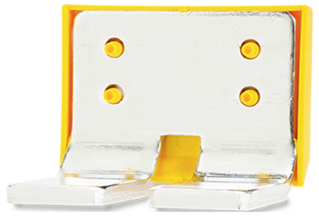 Eine silberfarbige Metallwandhalterung mit vier Löchern, hervorgehoben durch gelbe Akzente auf der Rückseite, verwendet zur sicheren Befestigung auf Oberflächen.