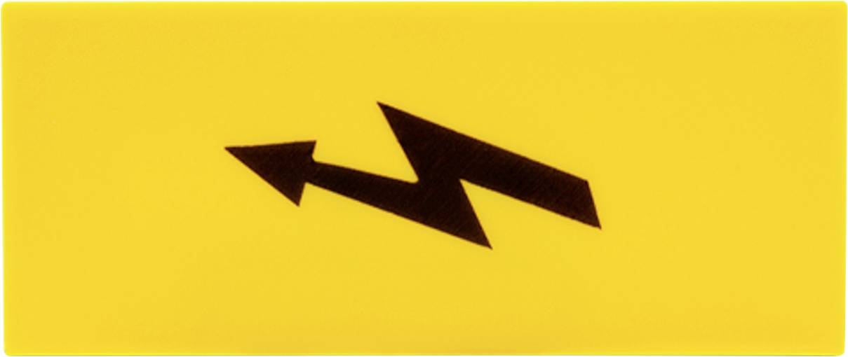 Ein schwarzes Blitzsymbol und Pfeilsymbol auf gelbem Hintergrund, das Richtung oder Vorsicht anzeigt.