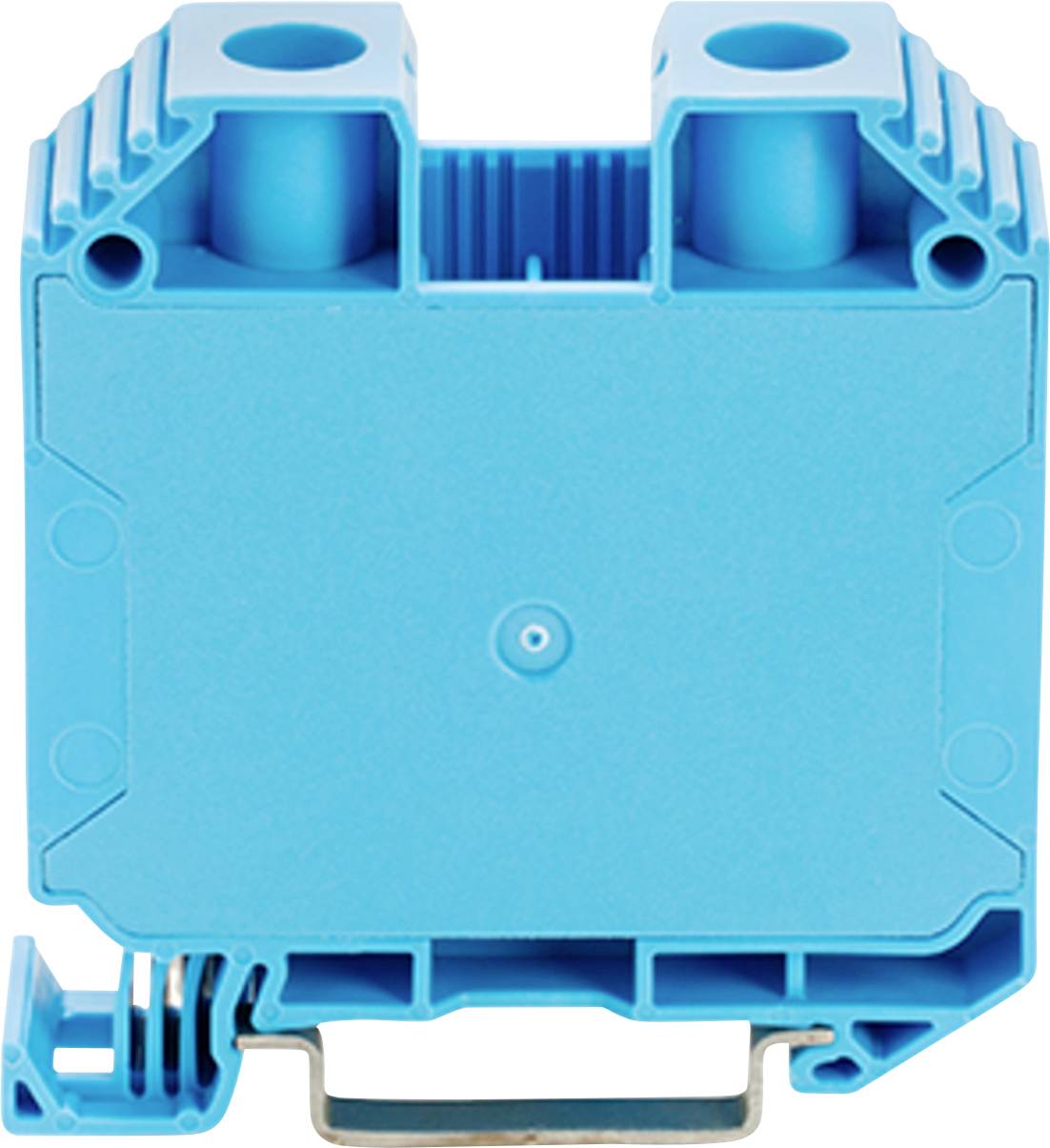 Eine blaue elektrische Komponente, die wahrscheinlich zum Verbinden oder Zusammenbau von elektronischen Schaltkreisen verwendet wird und zwei zylindrische Öffnungen sowie einen Metallclip aufweist.