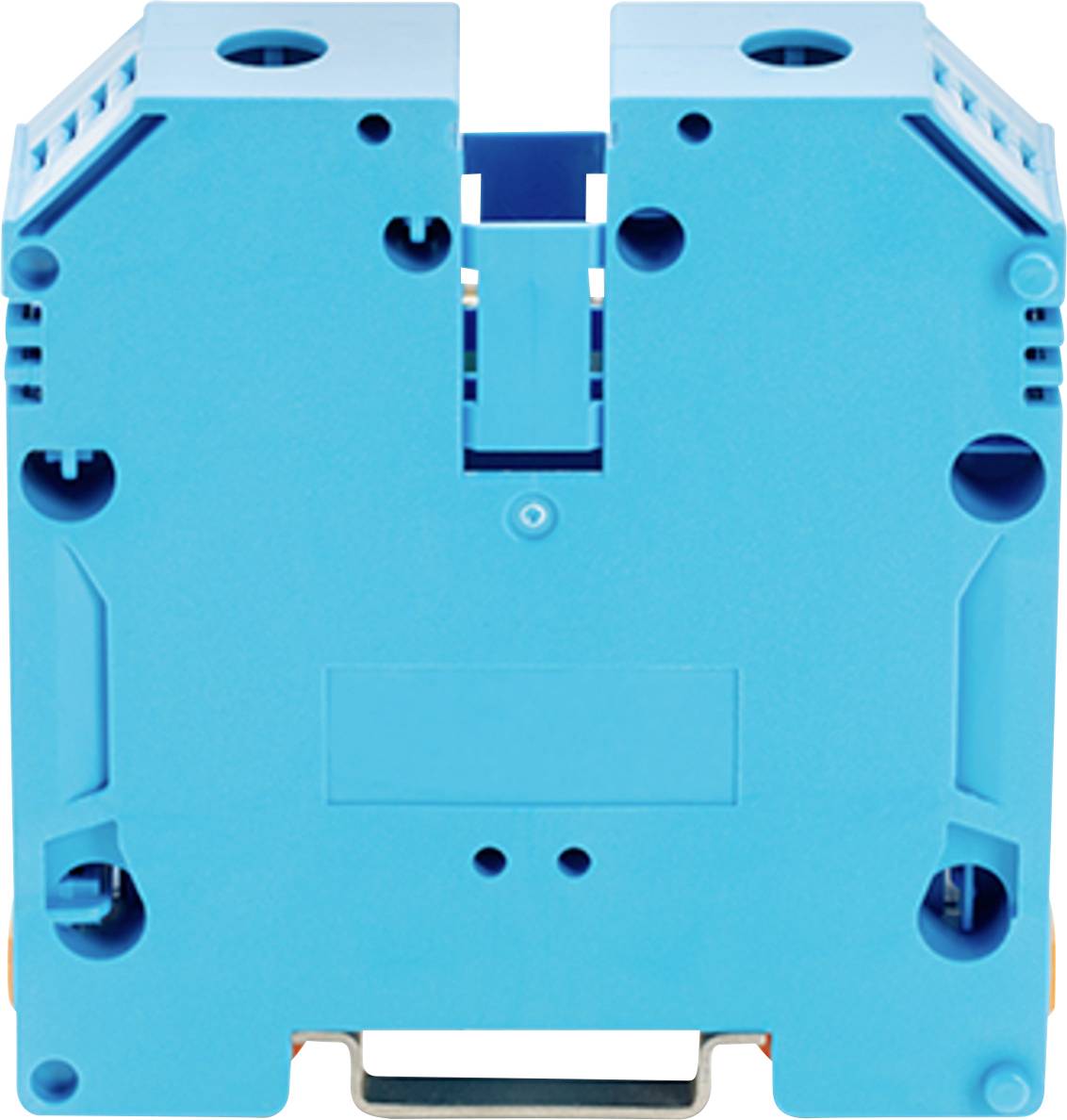 Eine blaue elektrische Komponente mit mehreren kreisförmigen Öffnungen und Schlitzen ist für die Montage konzipiert und wird von hinten betrachtet.