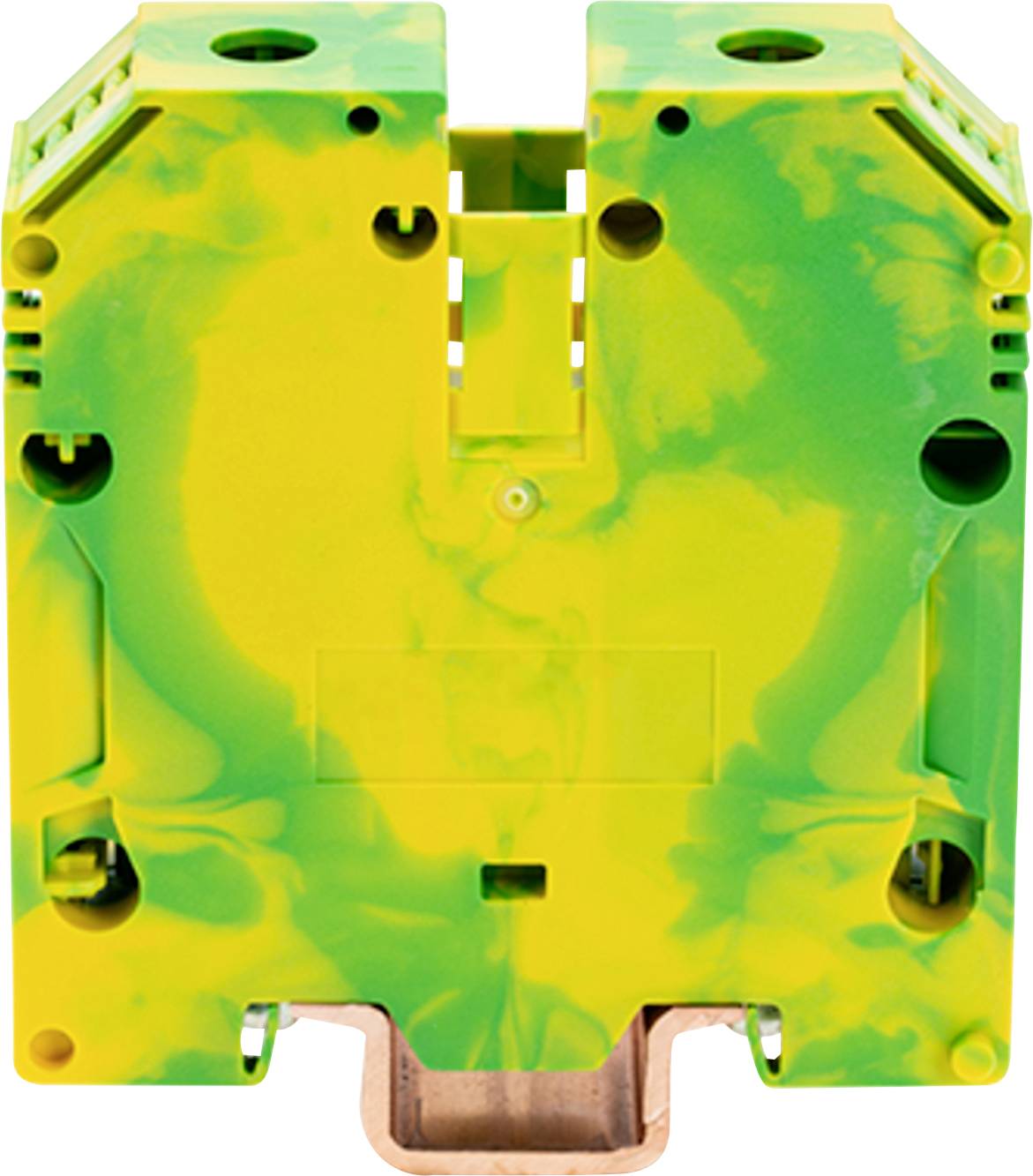 Ein rechteckiger, mehrfarbiger elektrotechnischer Bauteile mit einem gelben und grünen marmoriertem Muster, der eine zentrale Höhlung und ein symmetrisches Design zeigt.