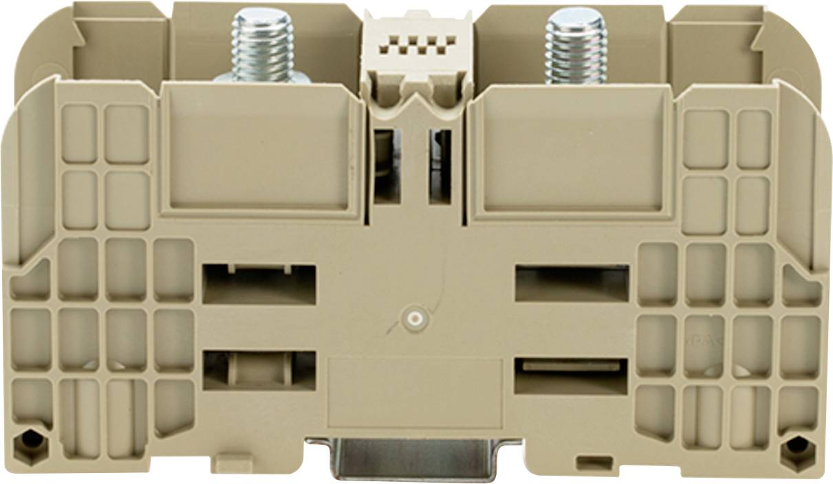 Ein beiges Klemmleisten-Anschlussblock mit zwei Metallschrauben, konstruiert für elektrische Verbindungen, mit einem gitterartigen Muster auf der Oberfläche.