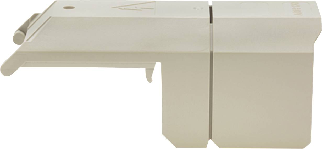 Eine beige Kunststoffhalterung oder Montagevorrichtung mit Haken und Schlitzen, möglicherweise zum Sichern oder Aufhängen eines Gegenstands auf einer ebenen Fläche verwendet.