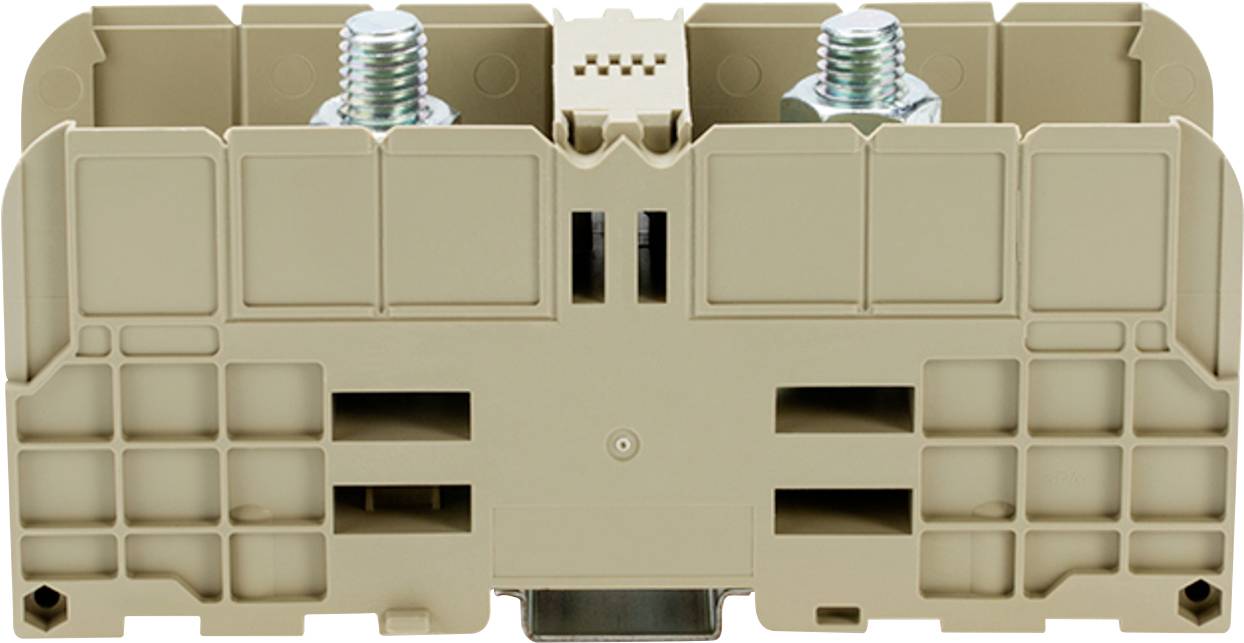 Ein beiges, rechteckiges Klemmleistengehäuse mit zwei Metallschraubanschlüssen oben, entwickelt für sichere elektrische Verbindungen.