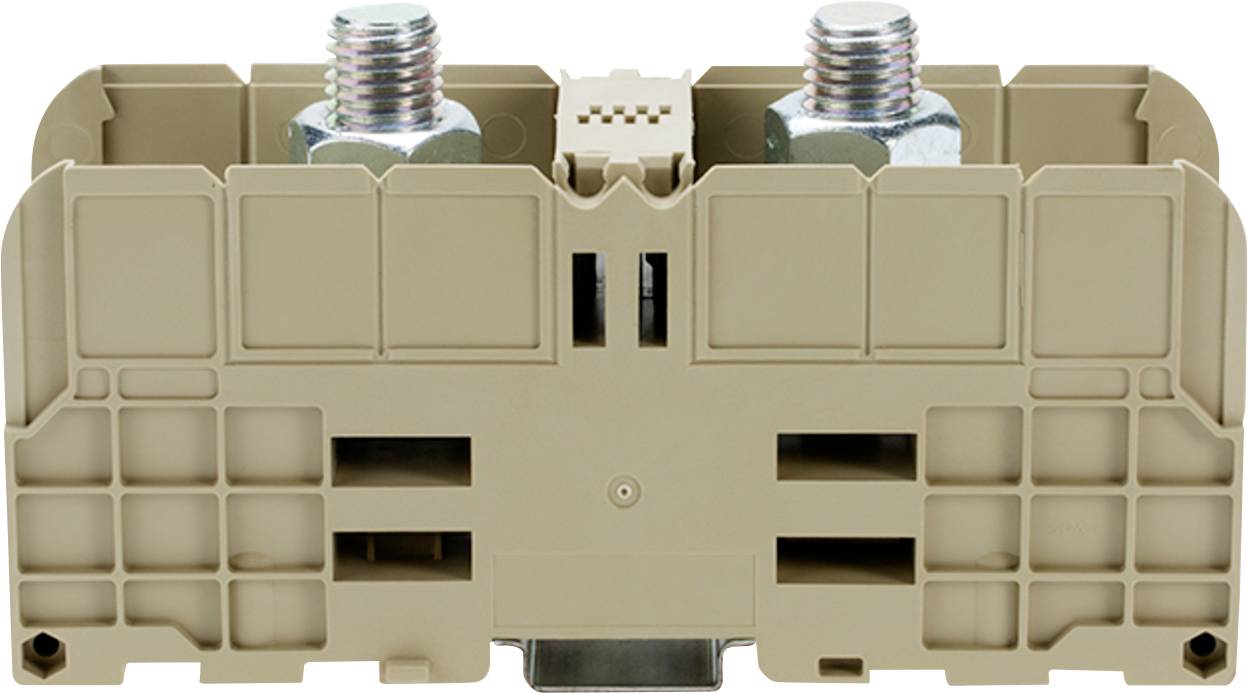 Ein beiges industrielles elektrisches Anschlussblöck mit zwei silbernen Schraubklemmen zum Verbinden von Drähten, mit einem Rastermuster auf der Oberfläche.