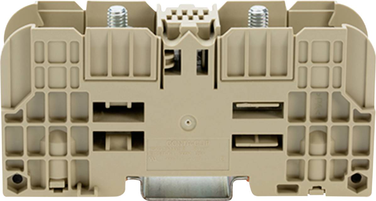 Ein beiges Elektroklemmenblock mit mehreren Anschlusspunkten und Schraubklemmen, mit einer gezackten Konstruktion für sichere Befestigung.