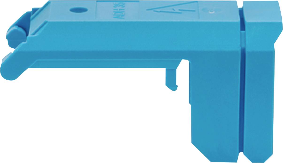 Ein blauer Kunststoff-Ethernet-Kabelstiefel zum Schutz des Steckers. Von der Seite betrachtet, zeigt seine rechteckige Form und offenes Ende.
