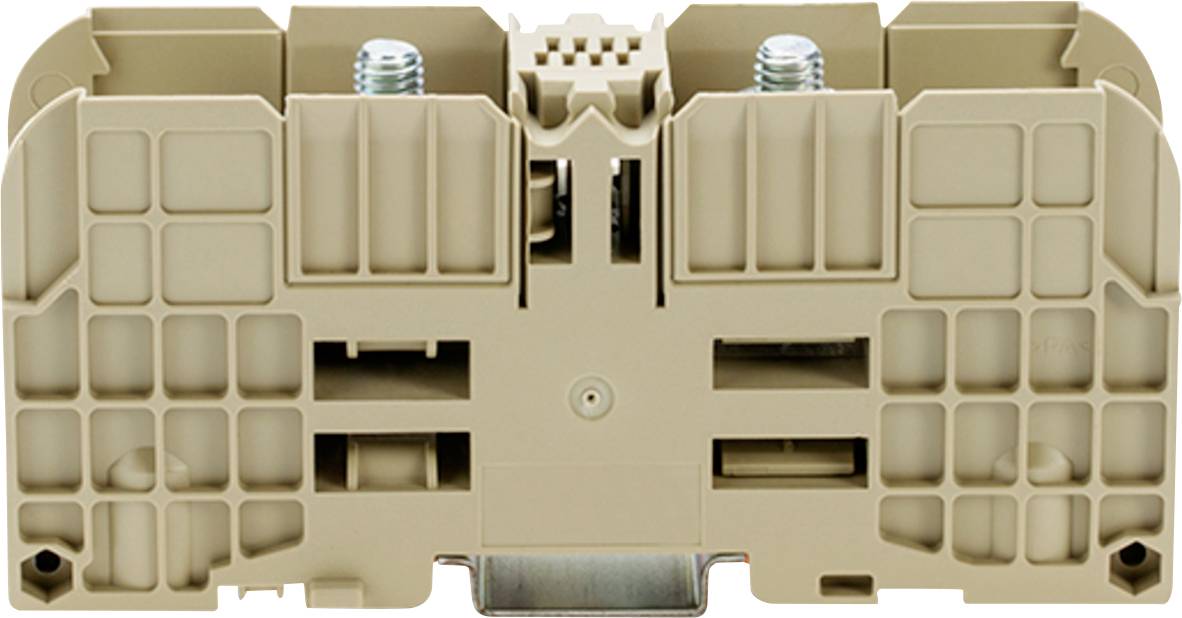 Ein braunes, rechteckiges Klemmblock mit zwei Schrauben und einem Gittermuster auf der Oberfläche, das für elektrische Verbindungen verwendet wird.