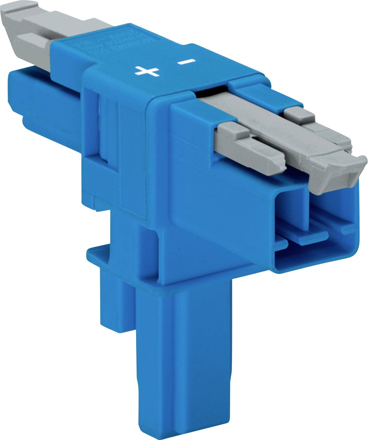 Blauer Glasfaseradapter mit zwei grauen Steckverbindern, '+' und '-' Symbole oben, wird zum Verbinden von optischen Kabeln für die Signalverbindung verwendet.