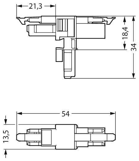 Technische Zeichnung mit Seiten- und Frontansicht eines elektrischen Steckers mit Abmessungen 21,3 mm, 13,5 mm, 18,4 mm, 34 mm und 54 mm.