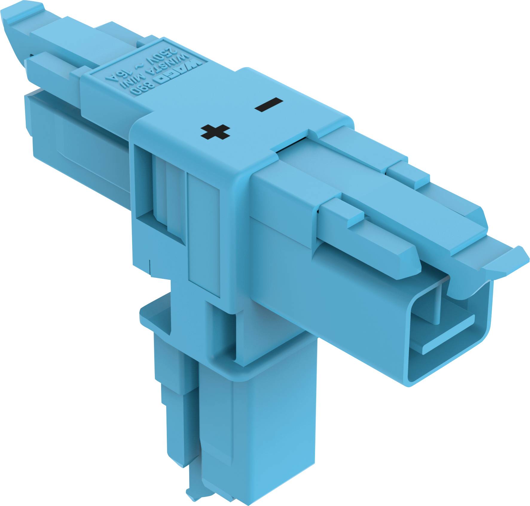 Ein blauer Kunststoffstecker mit Plus- und Minussymbolen, verwendet für elektrische Verbindungen.