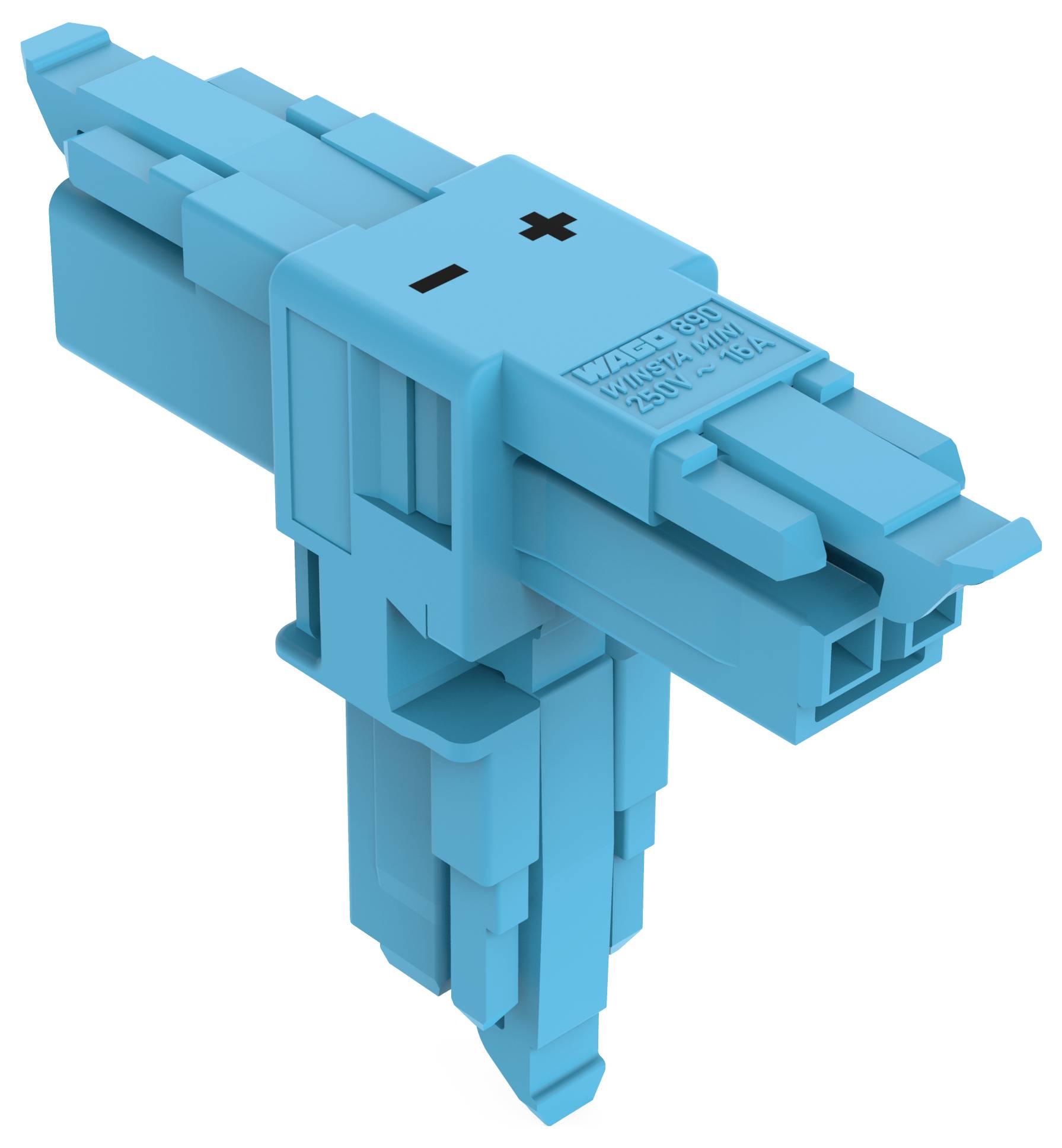 Ein blauer elektrischer Stecker mit einem '+' und '-' Symbol, der für einfache Verbindungen in elektrischen Anwendungen verwendet wird.