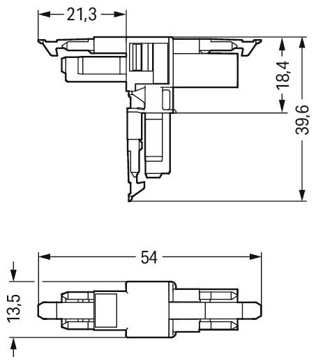Technische Zeichnung eines Steckers mit den folgenden Abmessungen: Höhe 39,6 mm, Breite 54 mm und weitere angegebene Maße wie 21,3 mm und 13,5 mm.