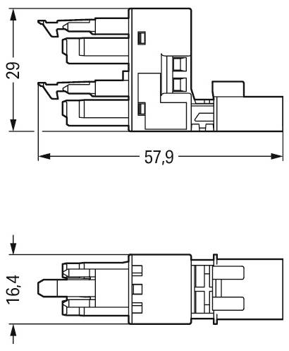 Technisches Diagramm eines elektrischen Steckers; Seiten- und Draufsicht mit Abmessungen von 57,9, 29 und 16,4 Einheiten.