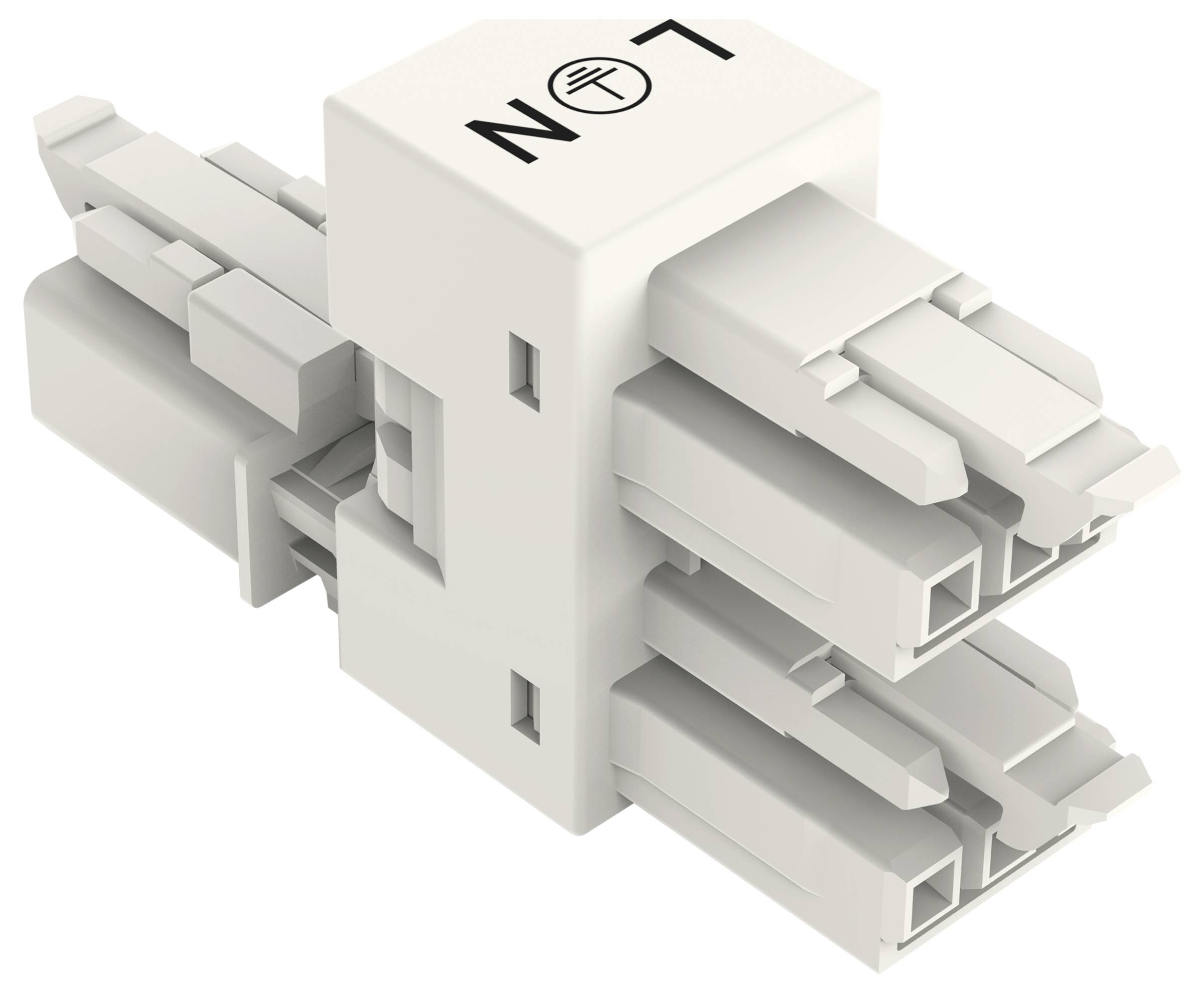 Ein Industriestromstecker mit vier Kupplungspunkten, gekennzeichnet mit „N", der für sichere elektrische Verbindungen in Maschinenaufbauten verwendet wird.