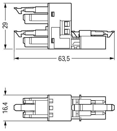Technisches Diagramm mit zwei Ansichten einer elektrischen Komponente. Die Draufsicht zeigt Abmessungen von 63,5 mm und 29 mm, und die Vorderansicht ist 16,4 mm hoch.