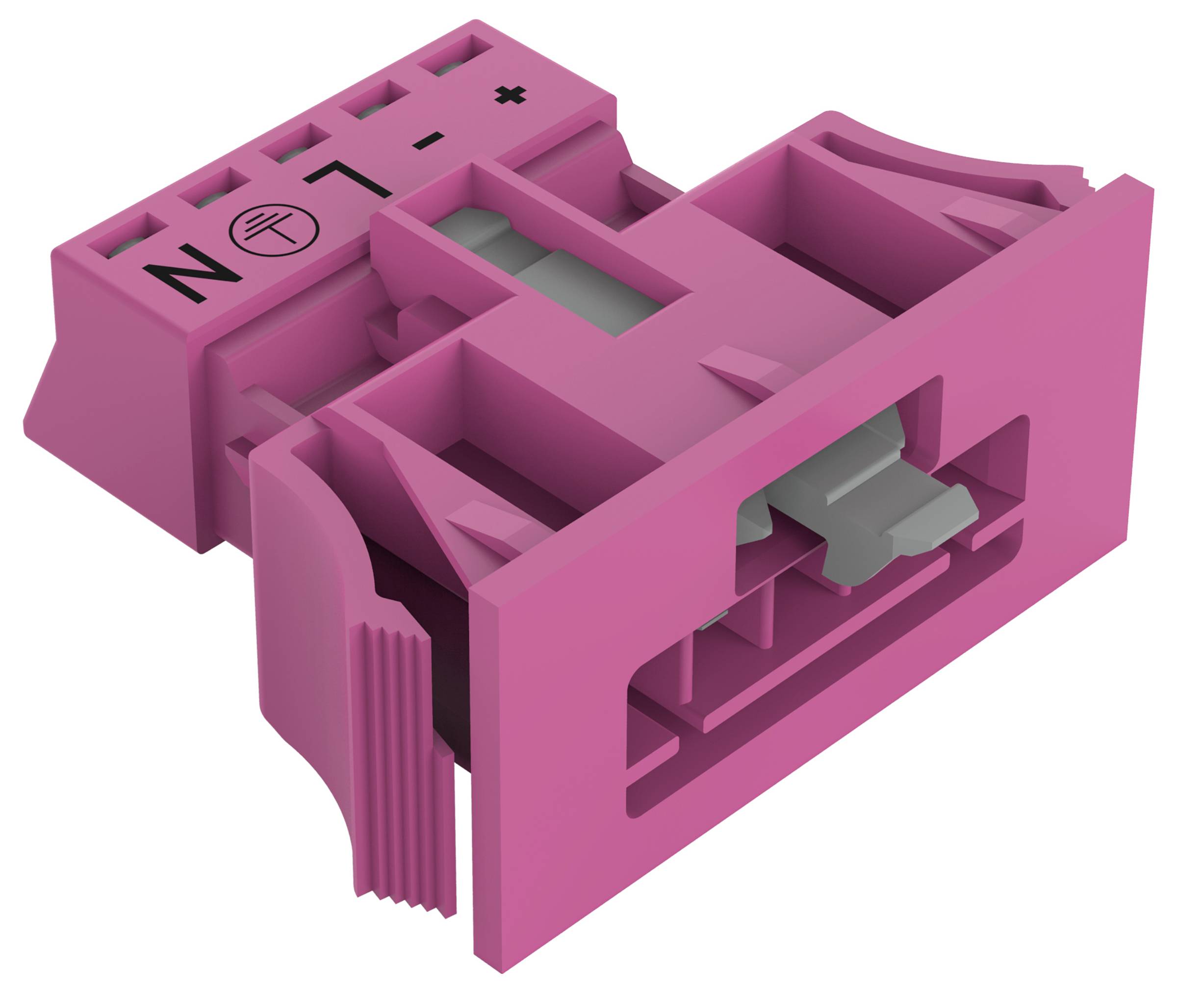 Ein rosa Stecker mit gekennzeichneten Markierungen „+", „-" und „N", mit einer komplexen inneren Struktur.