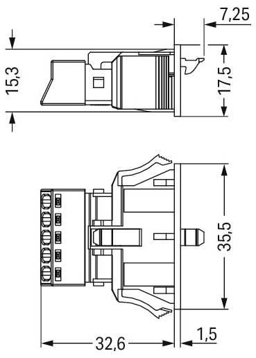 Diagramm mit technischen Spezifikationen eines Steckeradapters. Wichtigste Abmessungen: 7,25 mm Höhe, 15,3 mm Tiefe, 17,5 mm Breite, 32,6 mm Basisbreite.