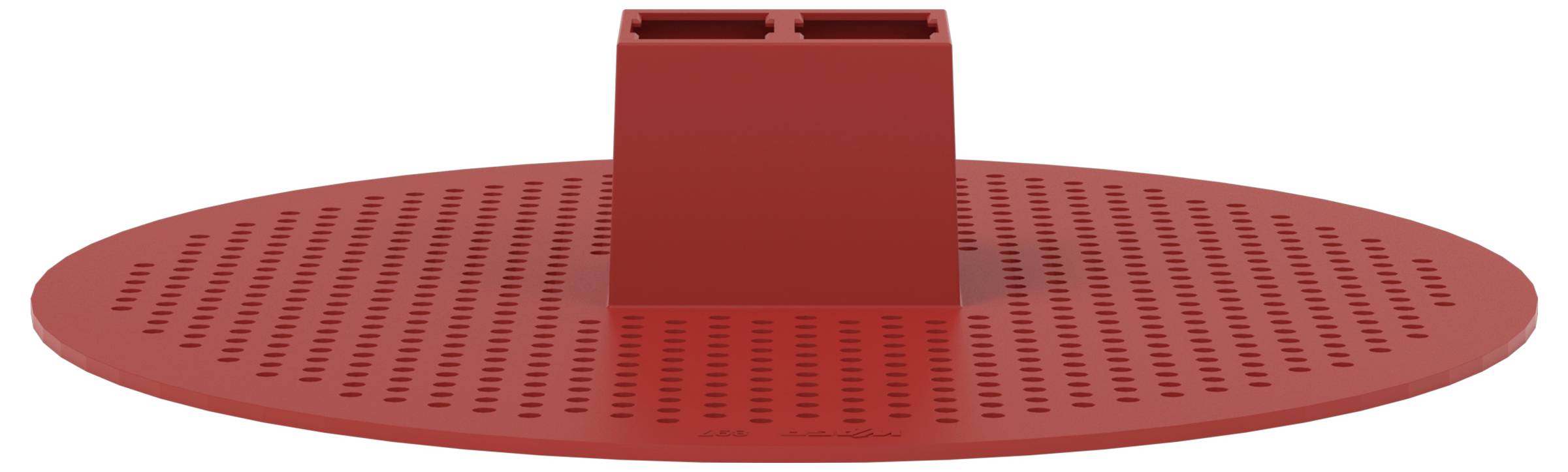 Ein roter, gelochter runder Tisch mit einer rechteckigen Basis in der Mitte.