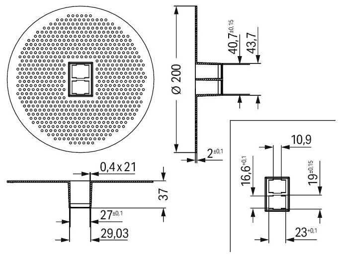 Diagramm eines kreisförmigen perforierten Objekts mit detaillierten Schnittansichten. Durchmesser 200. Enthält präzise Maße für Strukturelemente.