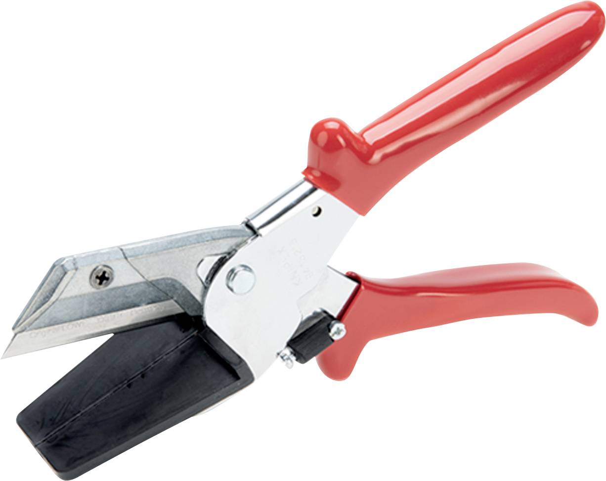 Ein Paar rot-griffige, metallische Eckenschneidezangen mit einer schwarzen abgewinkelten Schneidfläche, die zum Trimmen von Ecken verschiedener Materialien entwickelt wurde.