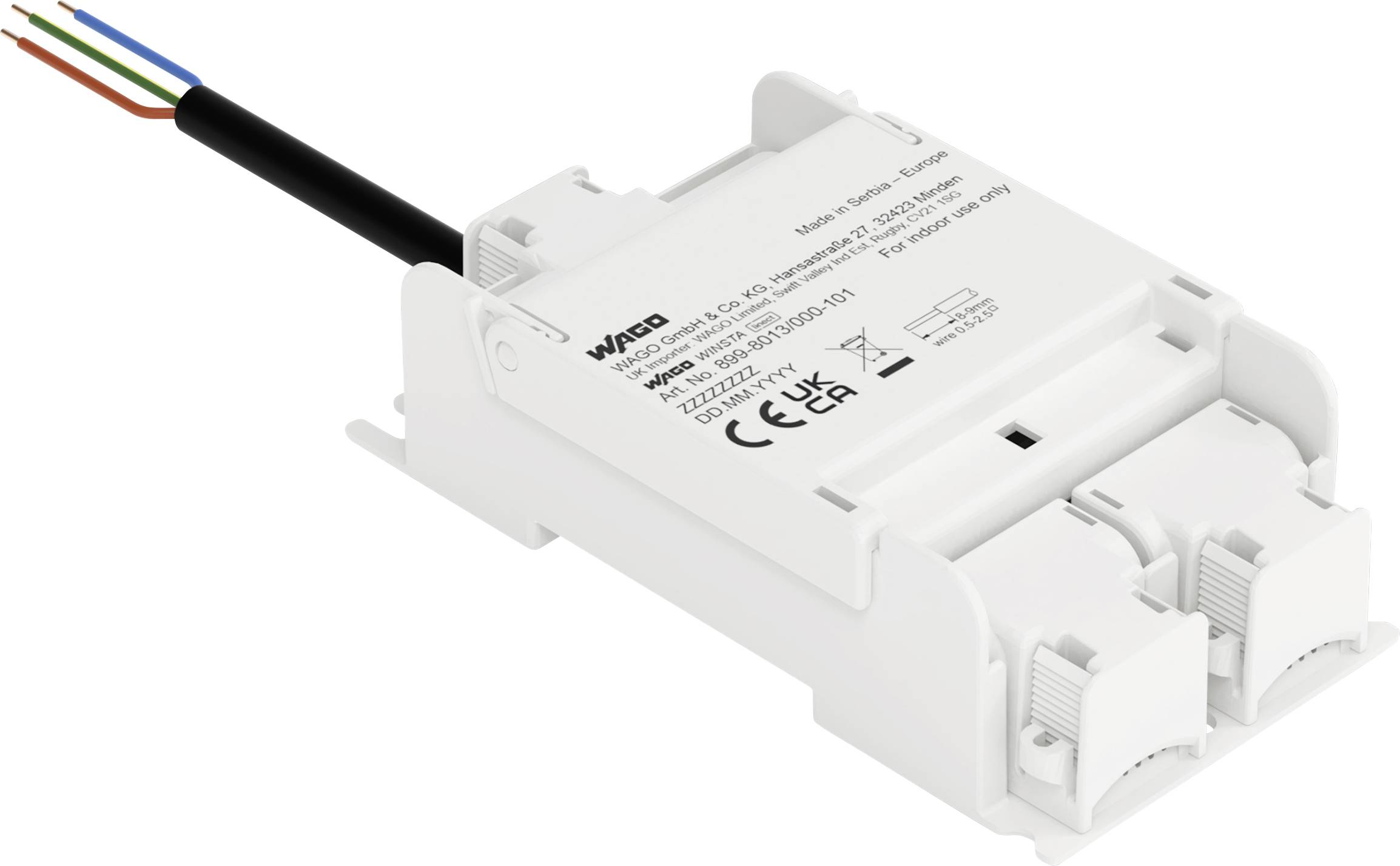 WAGO-Leichtregler mit CE- und UL-Zertifizierungsmarkierungen, vier farbige Drähte und Anschlussanschlüsse für die elektrische Installation zeigend.