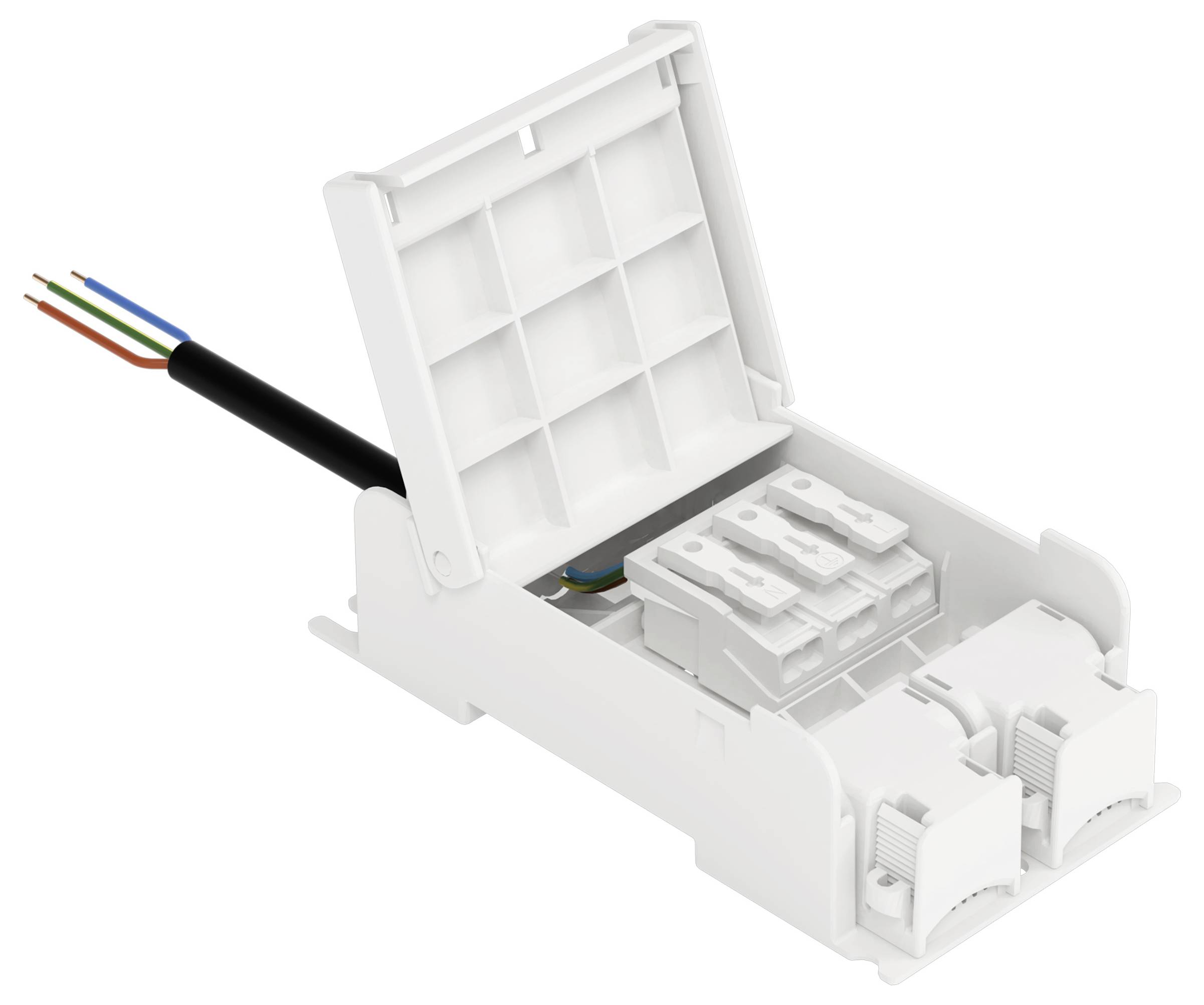 Eine Reihe von sieben weißen Steckklemmen mit sichtbaren Metallklammern, entwickelt für elektrische Verdrahtungsverbindungen.