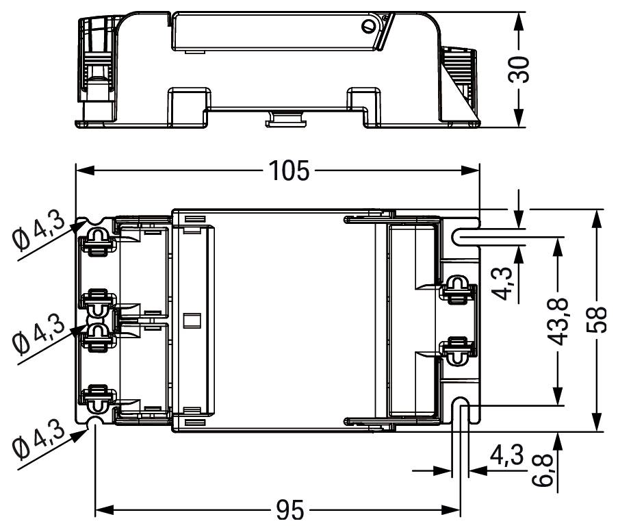 Technisches Diagramm eines rechteckigen Teils mit Abmessungen: Länge 105 mm, Breite 95 mm, Höhe 30 mm. Wichtige Merkmale sind gekennzeichnet.