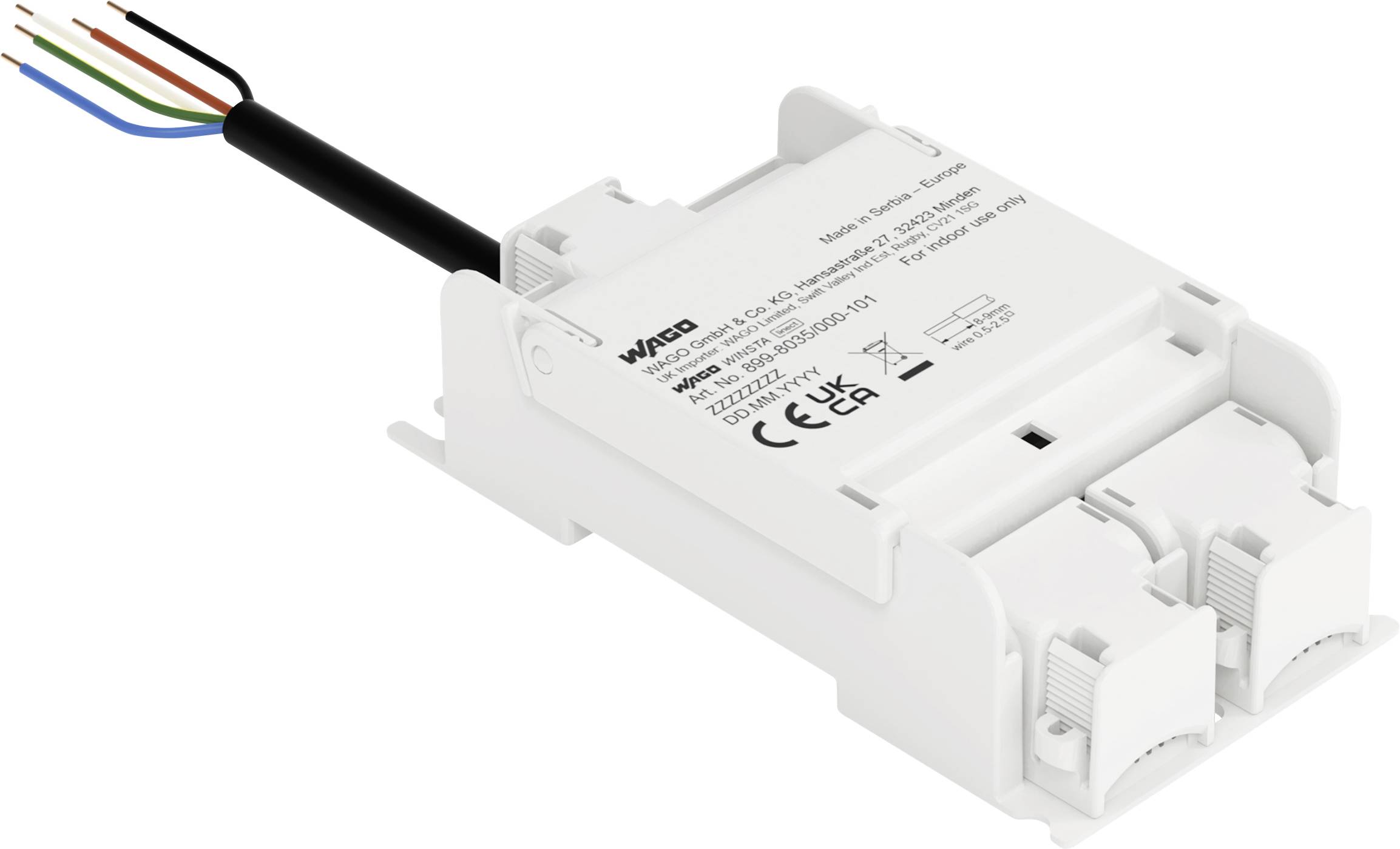 Weißer rechteckiger Elektrostecker mit mehrfarbigen Drähten an einem Ende, mit gekennzeichneten Zertifizierungen und Steckplätzen auf der Oberseite.