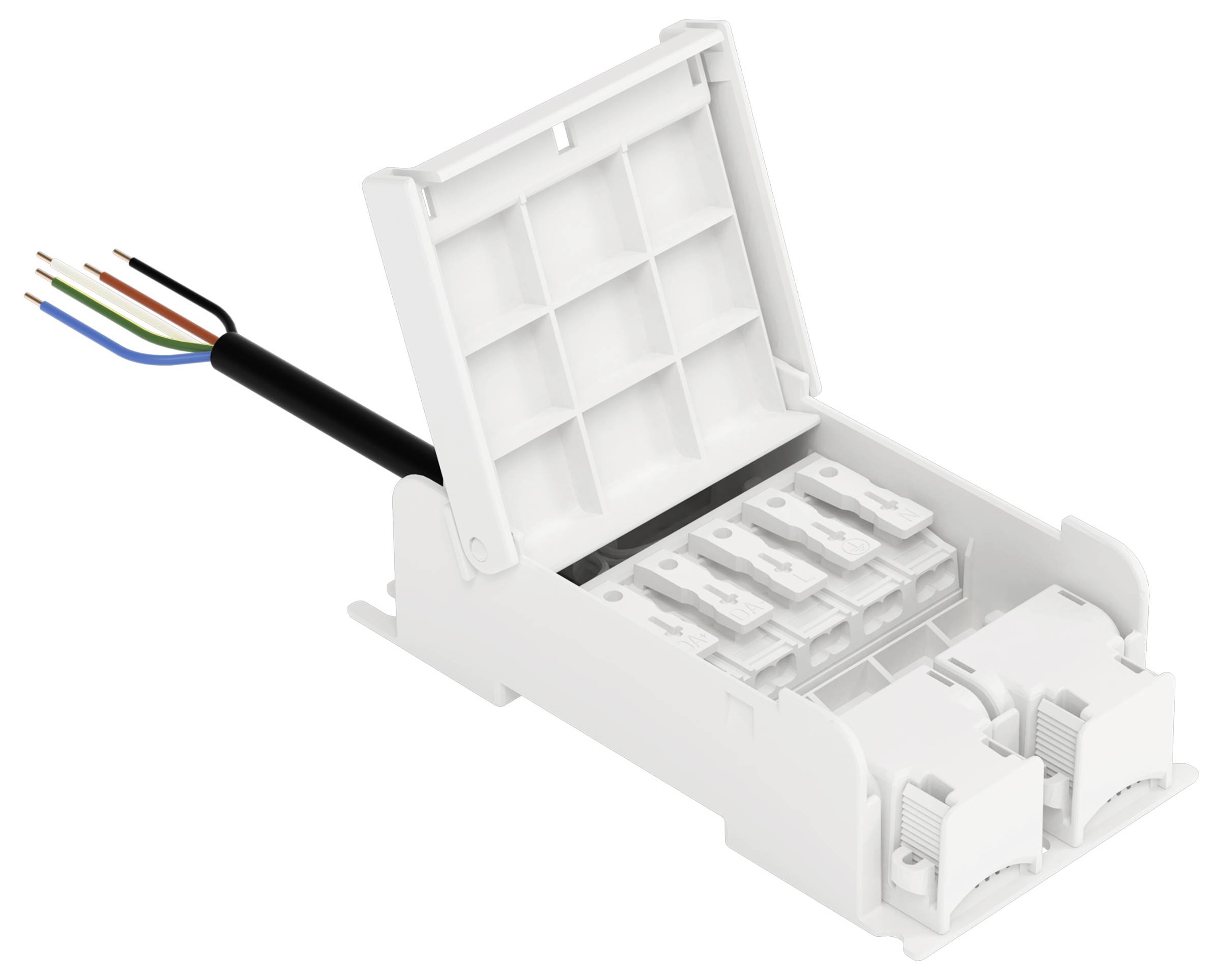 Weiße elektronische Verteilerdose mit geöffnetem Deckel, zeigt interne Fächer und mehrfarbige Kabel, die von einer Seite herausragen.