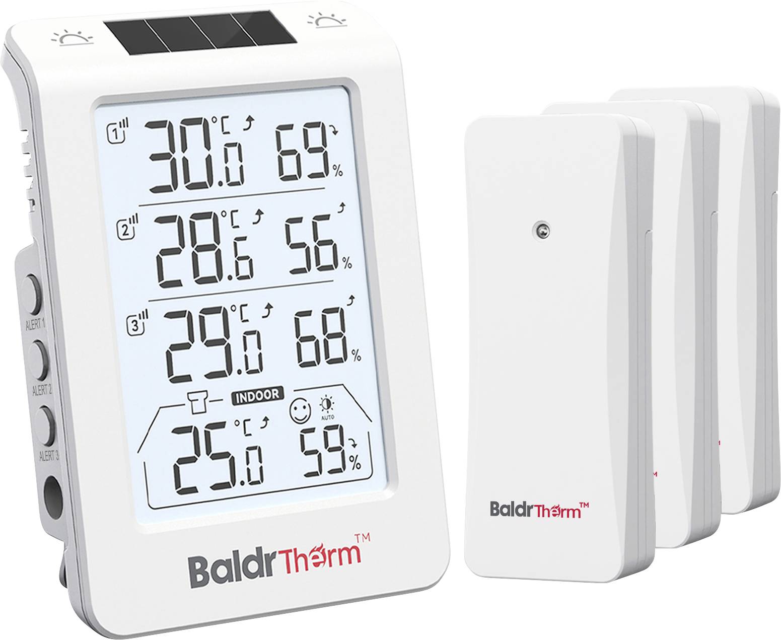 Kabelloses Innen-/Außenthermometer-Set mit einem Display, das drei Sensoranzeigen sowie Innentemperatur/Luftfeuchtigkeit anzeigt, plus drei Fernfühler.