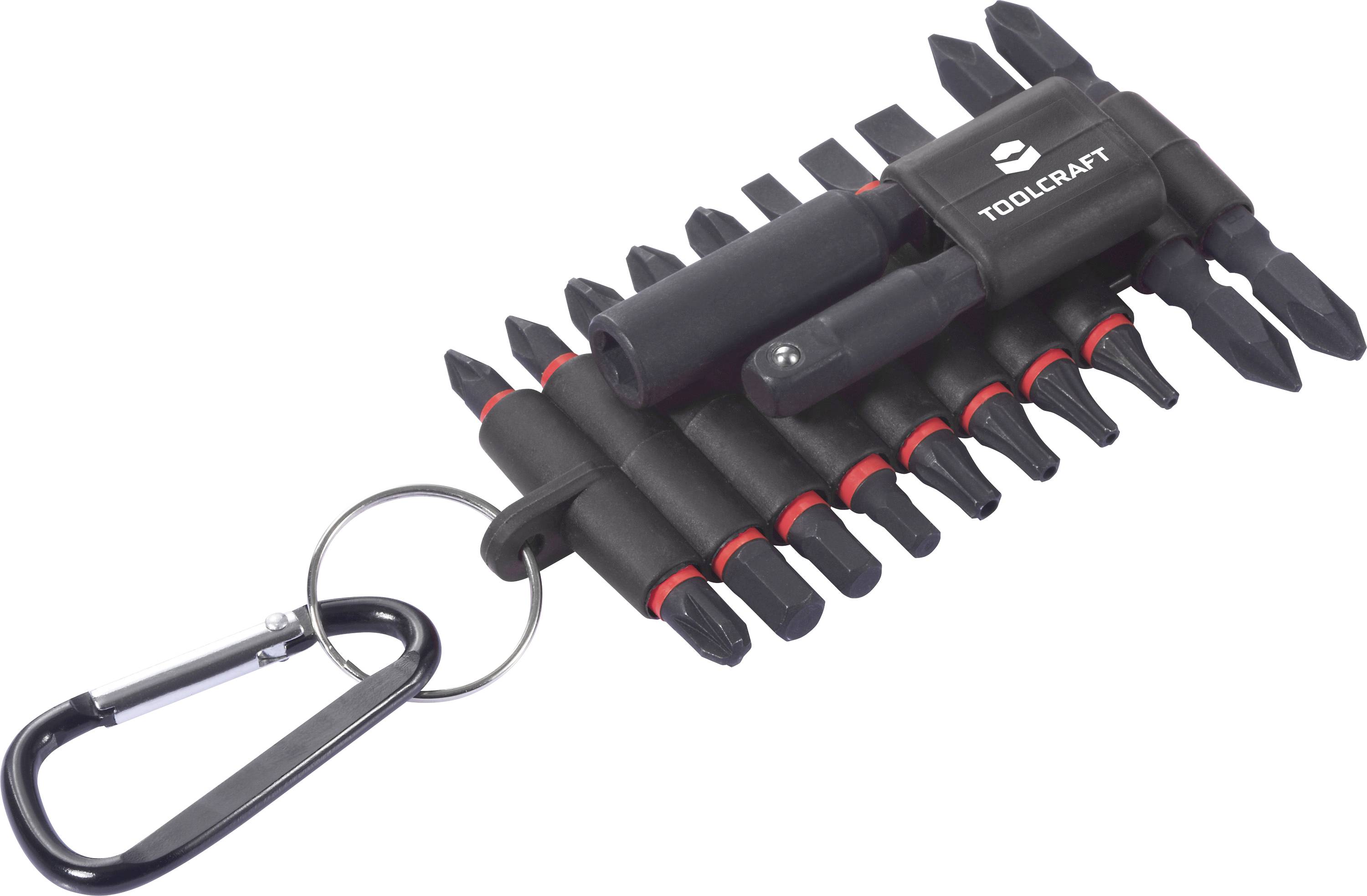 Black Toolcraft Multifunktions-Schraubendrehersatz in einem kompakten Halter, mit Schlüsselring und Karabinerhaken befestigt.