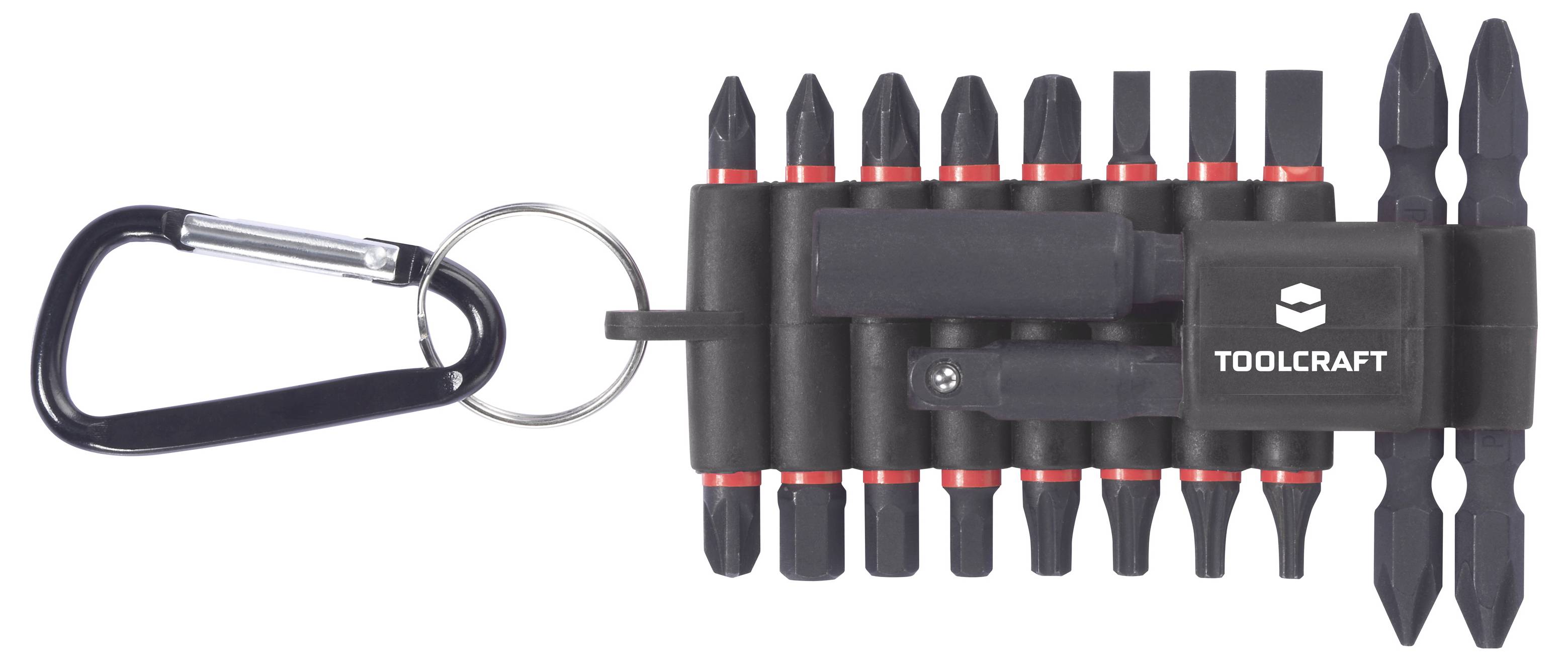 Karabinerhaken hält einen TOOLCRAFT Multi-Bit-Schraubendreher-Satz mit mehreren austauschbaren Bits in einem kompakten Halter.