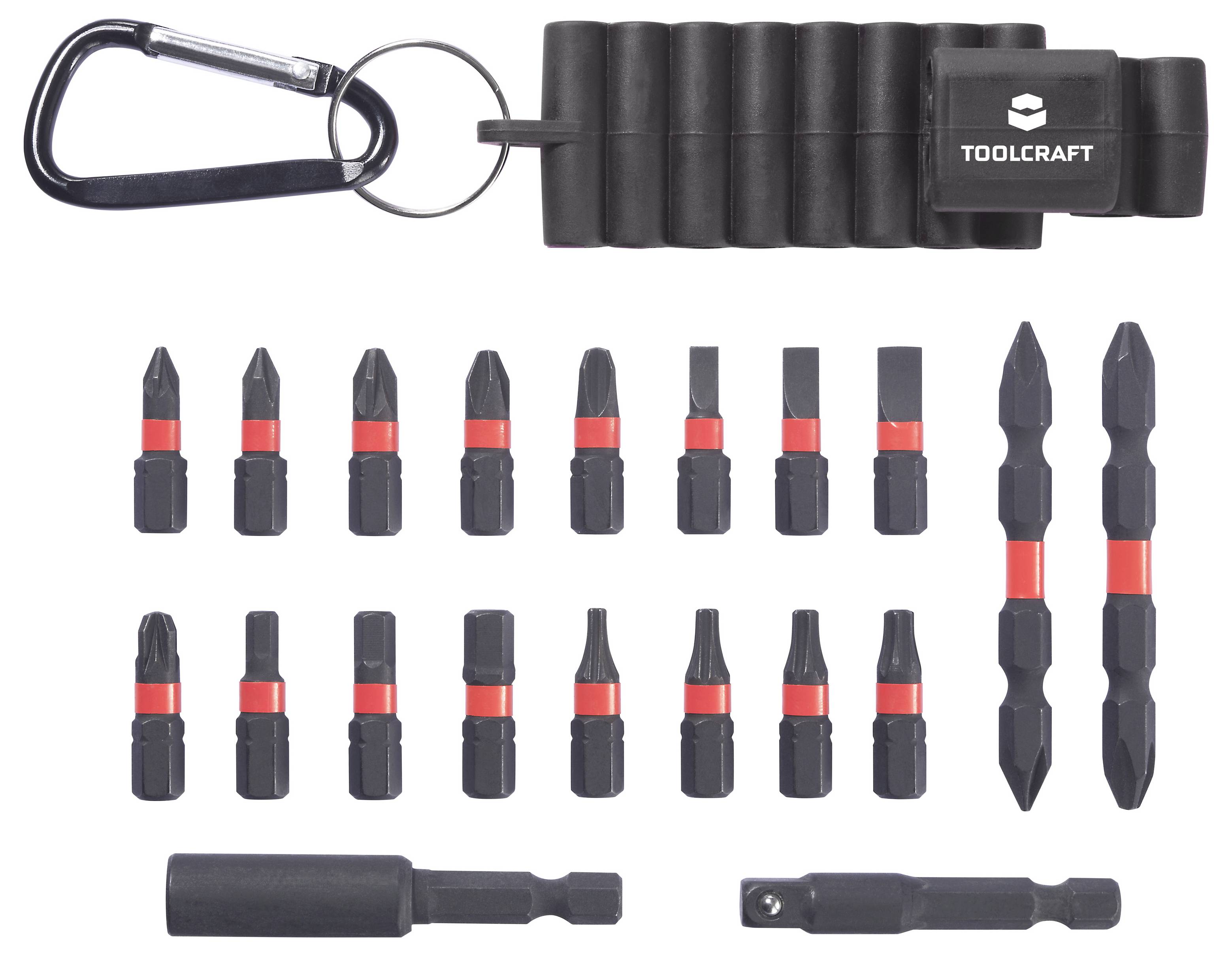 Toolcraft Schraubendreher-Bitset mit Karabinerhaken, Etui und verschiedenen Phillips-, Schlitz-, Torx- und Sechskant-Bits sowie zwei Adaptern.