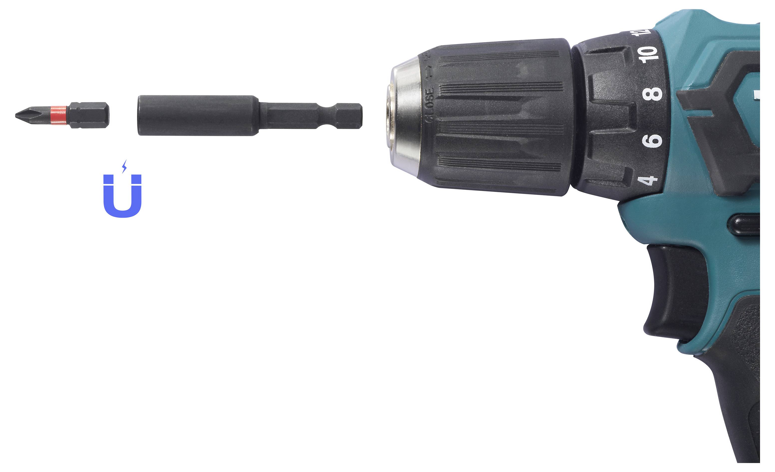 Kabelloses Bohrgerät mit Spannfutter und Bithalter, auf dem ein magnetischer Bitadapter und ein Schraubendreherbit gezeigt werden, die in das Bohrgerät eingeführt werden.