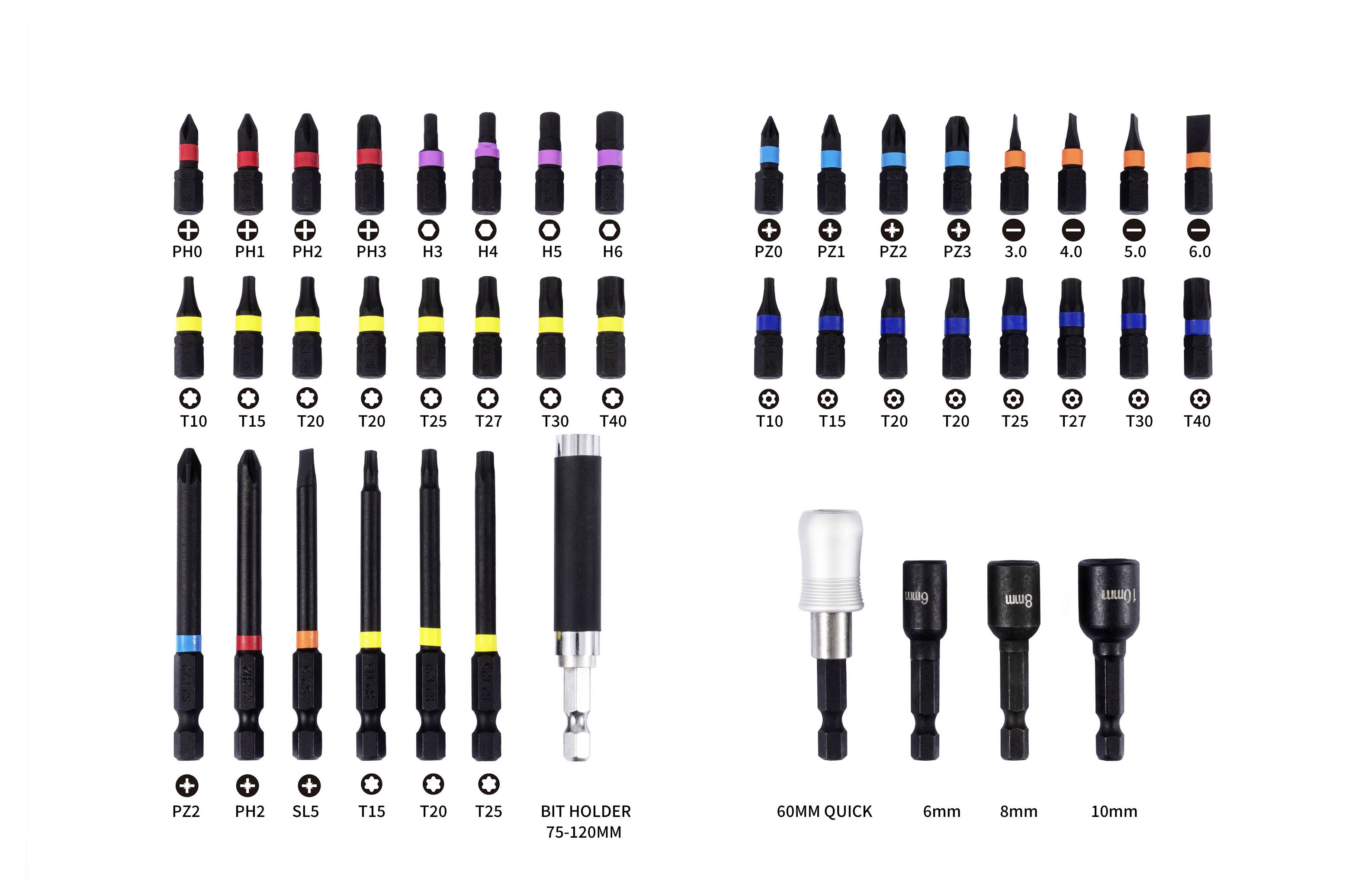 Diagramm von Schraubendreher- und Steckschlüssel-Bits, gekennzeichnet mit Phillips, Pozidriv, Torx, Sechskant und Bithalter-Größen, plus Schnellwechsel-Steckadapter in 60mm, 6mm, 8mm und 10mm.