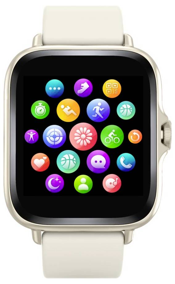 Smartwatch mit Symbolen für verschiedene Apps, einschließlich Fitness, Nachrichten und Musik, auf einem schwarzen Bildschirm mit weißem Armband angezeigt.