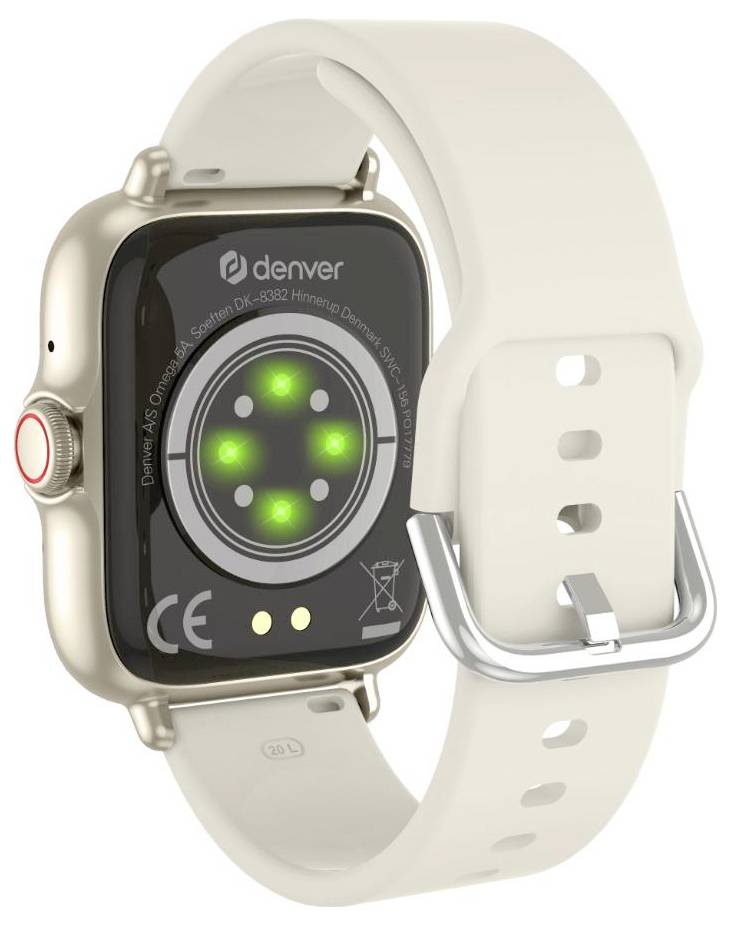 Eine Smartwatch mit beigem Armband, die eine Rückansicht mit grünen Sensorleuchten zeigt und auf der Rückseite den Markennamen 'denver' trägt.