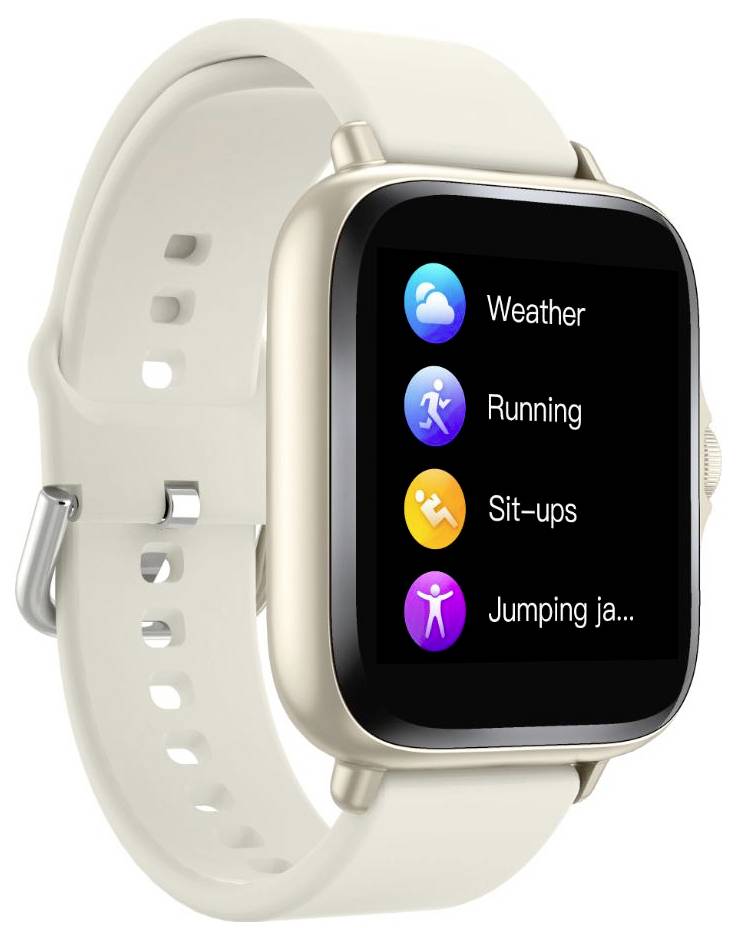 Eine Smartwatch zeigt ein Menü mit Optionen für 'Wetter', 'Laufen', 'Liegestütze' und 'Hampelmänner' an. Die Uhr hat ein cremefarbenes Armband.