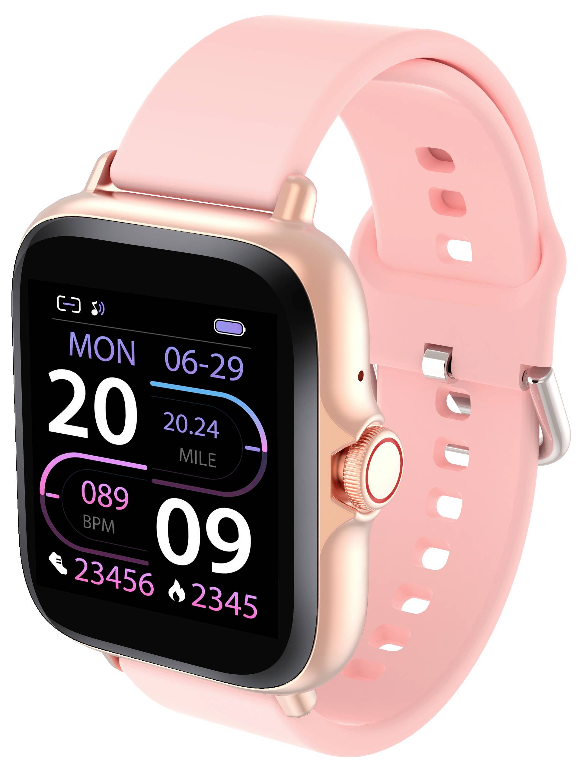 Smartwatch mit rosafarbenem Armband zeigt Datum, Uhrzeit „20:24