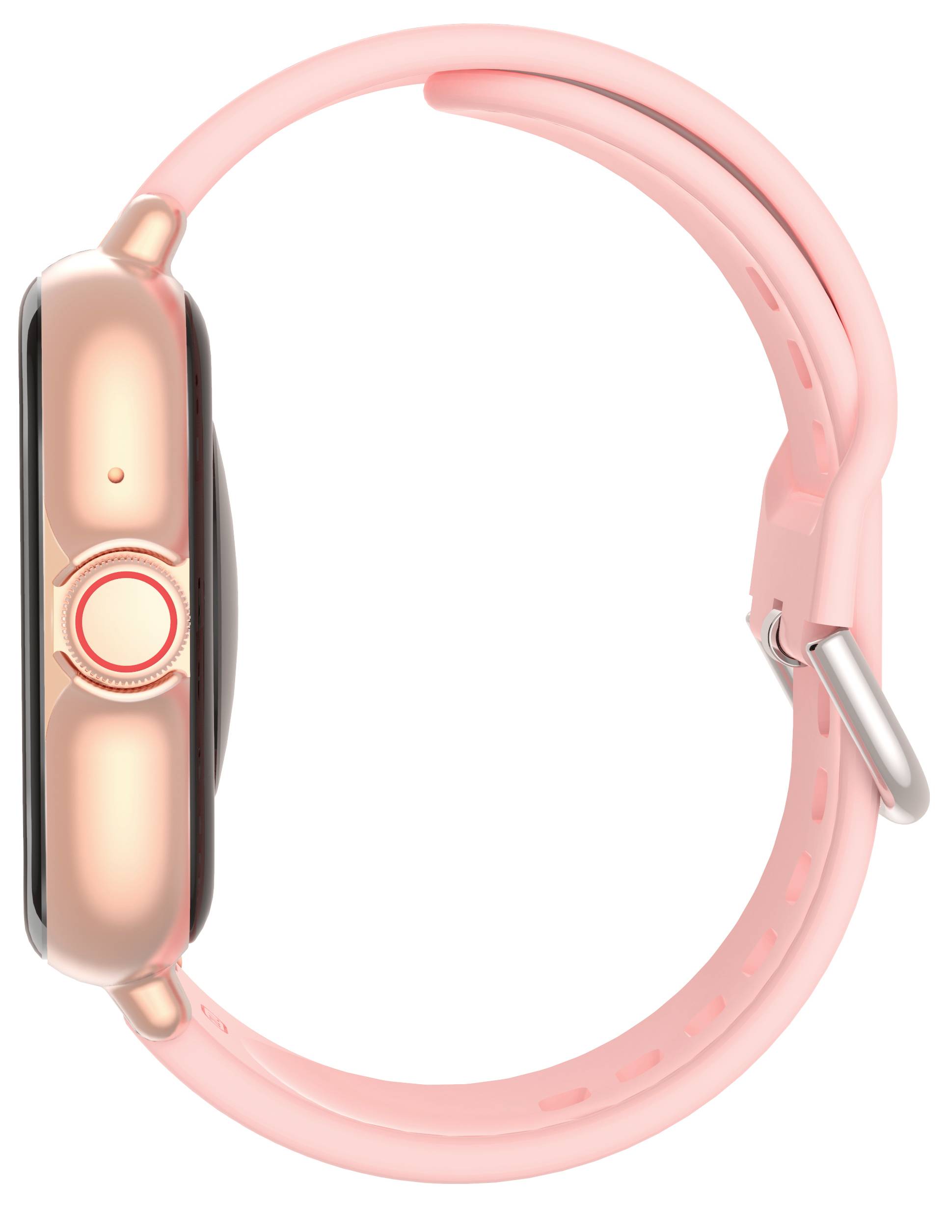 Seitenansicht einer rosa Smartwatch mit einem runden Knopf an der Seite, gesichert mit einem passenden Silikonband und einer silbernen Schnalle.